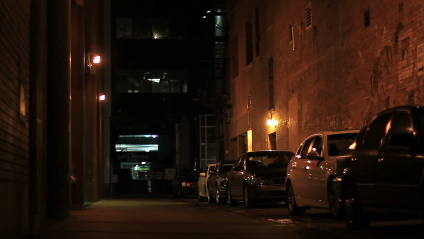 A typical alley in downtown Calgary.  Lighting makes it look very sinister. 