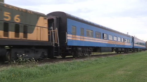 Waterloo, Ontario, Canada August 2017 Steam engine locomotive with old passenger rain
