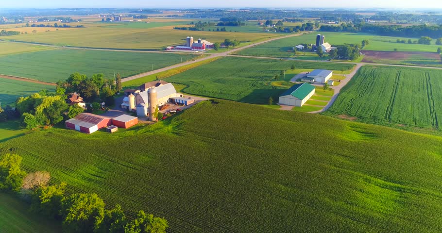 Exceptional beauty of rural Wisconsin farms and fields, aerial perspective.
