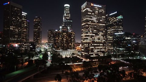 Aerial Shot of DTLA Night, Los Angeles California USA