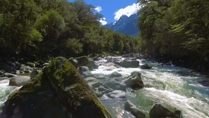 Aerial Landscape of Fiordland, New Zealand. Tutoko river, near Milford Sound. Drone aerial footage.