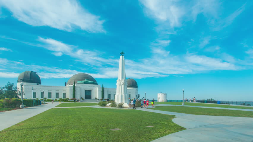 Timelapse in motion or hyperlapse of Griffith Park Observatory in Los Angeles, California