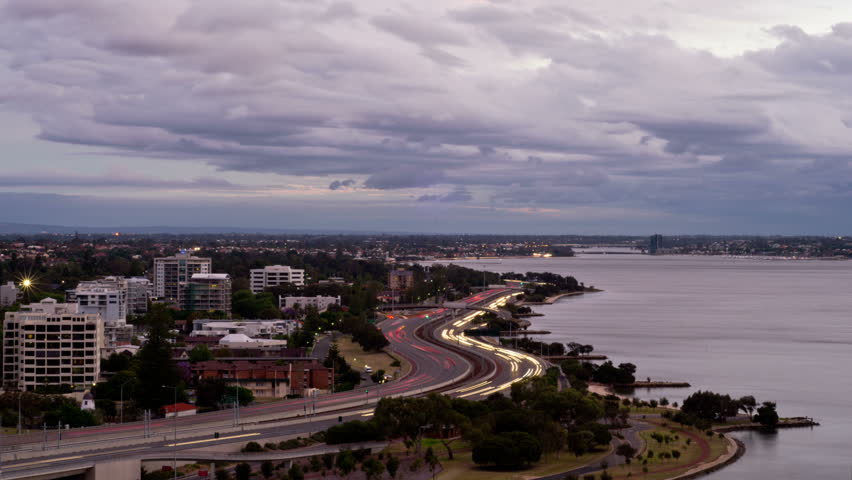 Time Lapse of the Swan River and Kwinana Freeway in Perth, Australia, from dusk