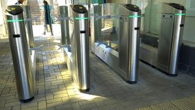 July 11, 2017. Russia. Railway station Domodedovo. The turnstiles for the entrance to the train platform. Morning.