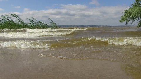 River Volga storm wave strong wind. Nature landscape water