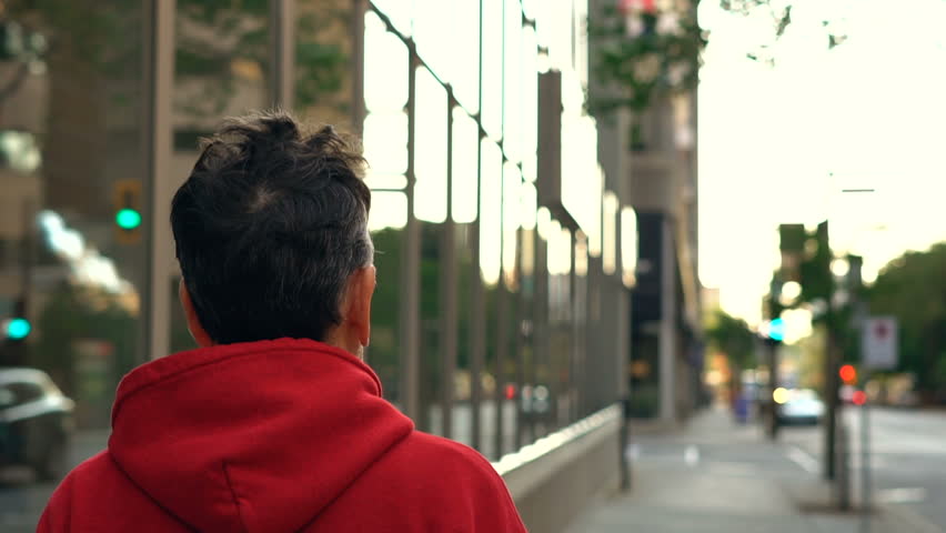 Middle Aged Man Walking Downtown Montreal City