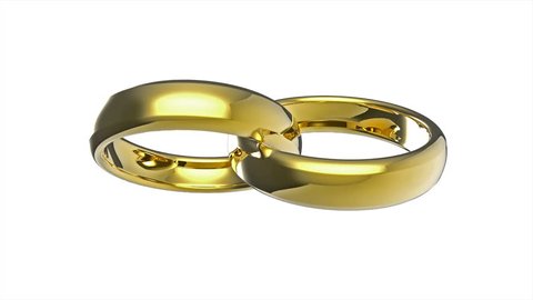 Two golden wedding rings rotate isolated on white background. 3D animation