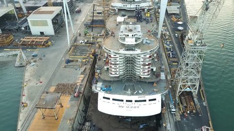 MONFALCONE, ITALY - AUGUST 9, 2017. Aerial view of unfinished cruise ship MSC Seaview at the Fincantieri shipyard