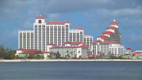 NASSAU, BAHAMAS - 2017: Baha Mar Resort in Nassau Bahamas Featuring the Hotel Building Exterior Close-up on the Cable Beachfront on a Sunny Day in the Tropical Bahamian Capital