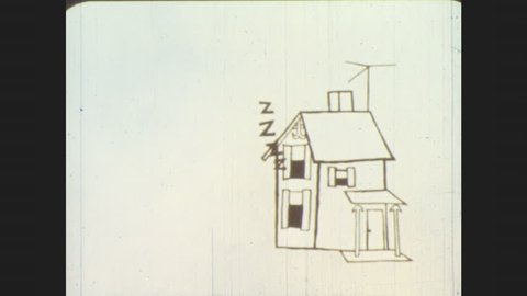 1960s: Animation: Z's float up from house window. Overlays of stripes, arrows, squiggles, bars, pulsing polka dots. Z's float up from house as sky darkens. Circle bounces, becomes talking owl.
