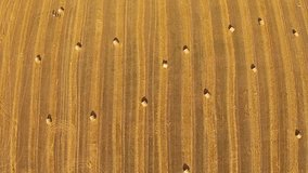 View from a bird's eye view on a field with stacked bales of wheat