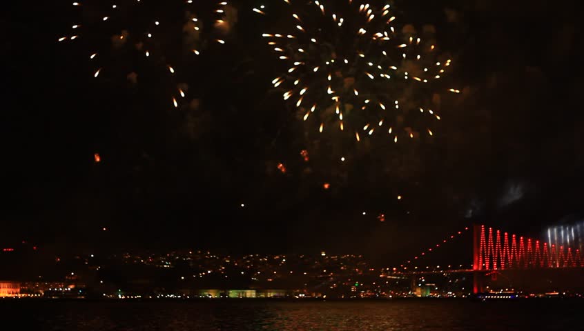 Amazing fireworks, full of fire, smoke and reflections in Istanbul, Turkey. View