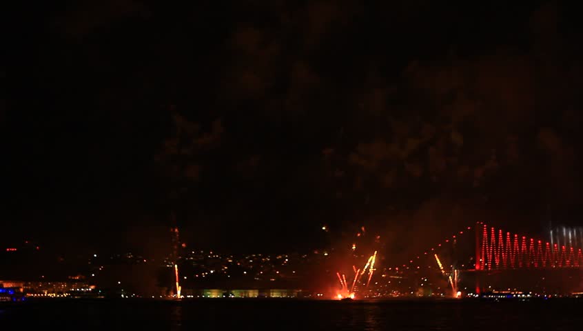 Istanbul with full of fireworks and smoke.  View of the Ortakoy region and part