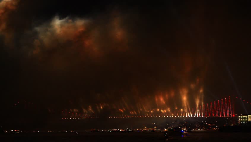 Light beams over Bosporus Bridge on October, 29 Festival Day in Istanbul,