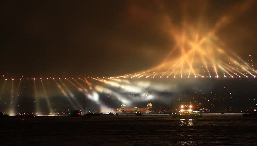 Running lights over Bosporus Bridge on October, 29 Festival Day in Istanbul,