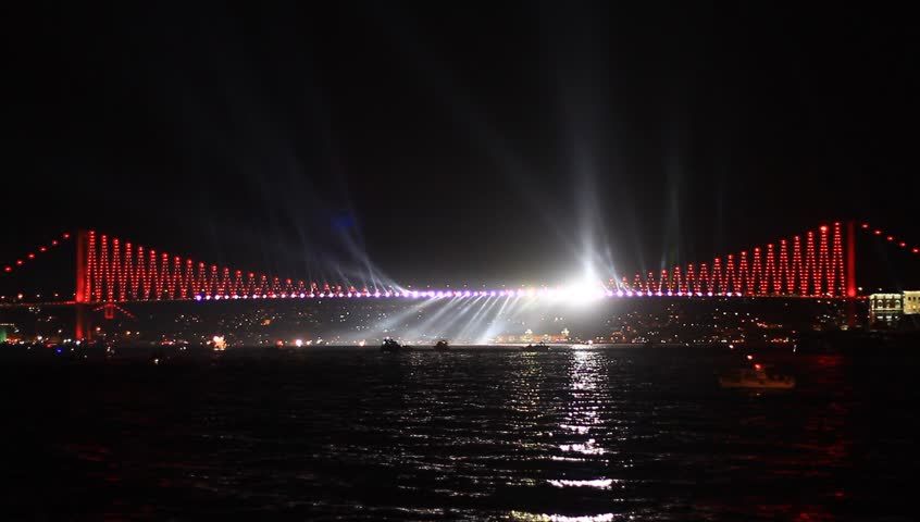 Light Show in Istanbul, Turkey. Bosphorus Bridge's spot lights on October 29

