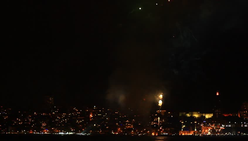 Fireworks over the Istanbul City. View of the Besiktas region and Dolmabahce