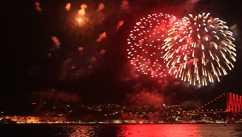 Light and fireworks show. Colorful fireworks all over the Istanbul sky on