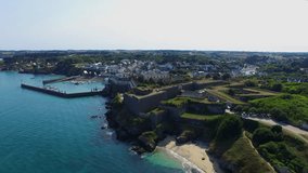 Flying over Le Palais, with its impressive Vauban fortress which overlooks the harbour, located in the largest of the Morbihan islands, Belle-ile-en-Mer, Brittany, France.