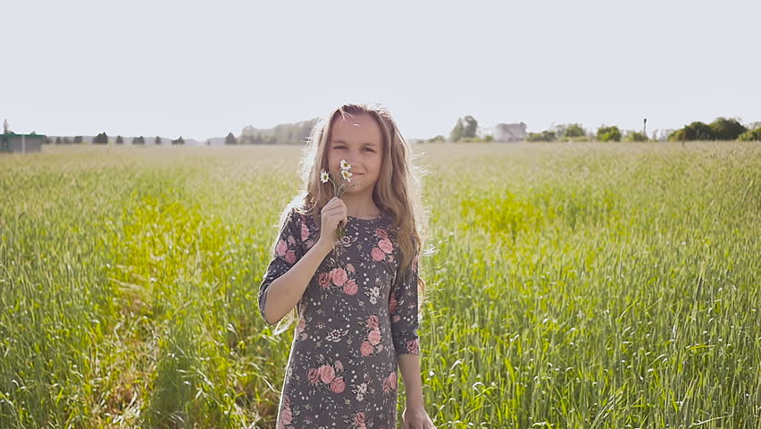Little girl with a brown-haired is spinning on a field in a summer day with chamomile flowers in her hands. Luxurious and long beautiful hair.