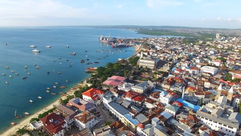 Aerial view of the Stone Town, old part of Zanzibar City, main city of Zanzibar, Tanzania from above, Africa, Indian Ocean, 4k UHD
