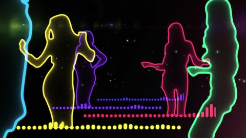 Dancing girls neon silhouette. VJ loop