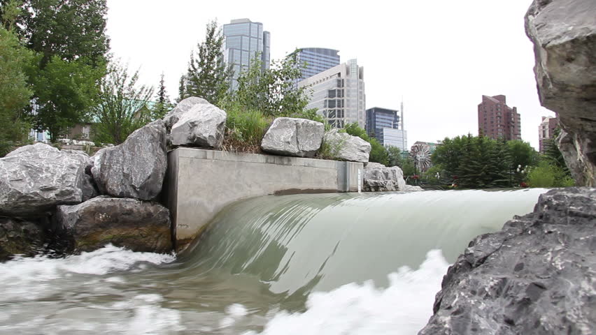 Rushing water at the spillway in Prince's Island Park in downtown Calgary,