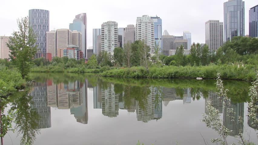 panoramic pond reflection of the beautiful downtown Calgary, Alberta, Canada