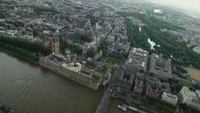 Aerial shot of The Houses of Parliament and Buckingham palace in London. 4K video.