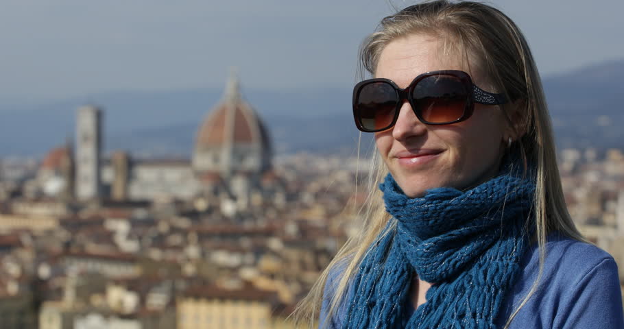 Casual Business Woman Looking Around, Smiling Girl Admire Florence City Panorama