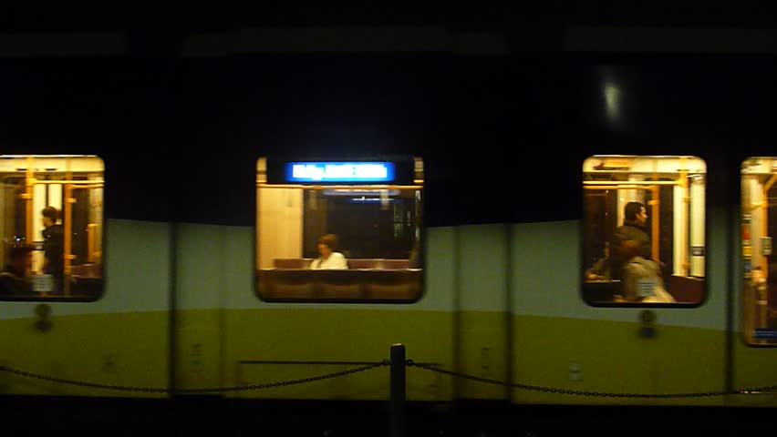 PORTLAND, OREGON - CIRCA 2012 - Night exterior with metro trains traveling on