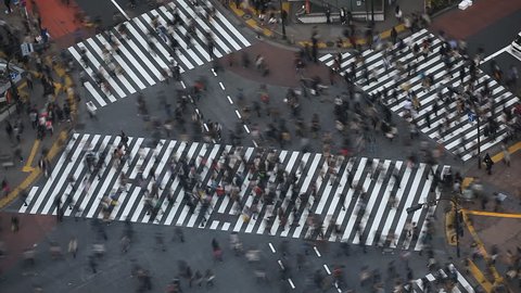 Time Lapse People Crowd Shopping Street Aerial View Pedestrians Crossing Shibuya Crosswalk Car Traffic Tokyo City Tokio Japan Japanese Anonymous Sidewalk Busy Asian Famous Tourist Attraction Rush Hour