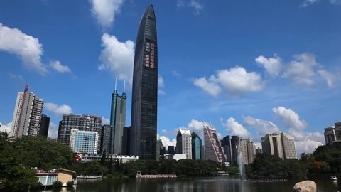 SHENZHEN, CHINA - MAY 15, 2012 Shenzhen Cityscape, SEZ, China, Lychee Park, Kingkey 100, Shun Hing Square