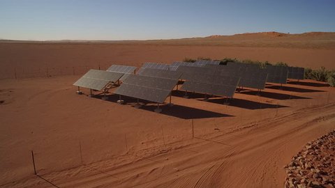 Aerial shot of solar panels in desert - NamibRand Nature Reserve - Windhoek, Namibia