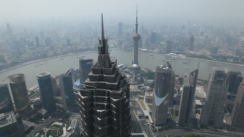 Aerial View of Shanghai Skyline, China, Huangpu River, Skyscrapers, Blurred Logo, time lapse