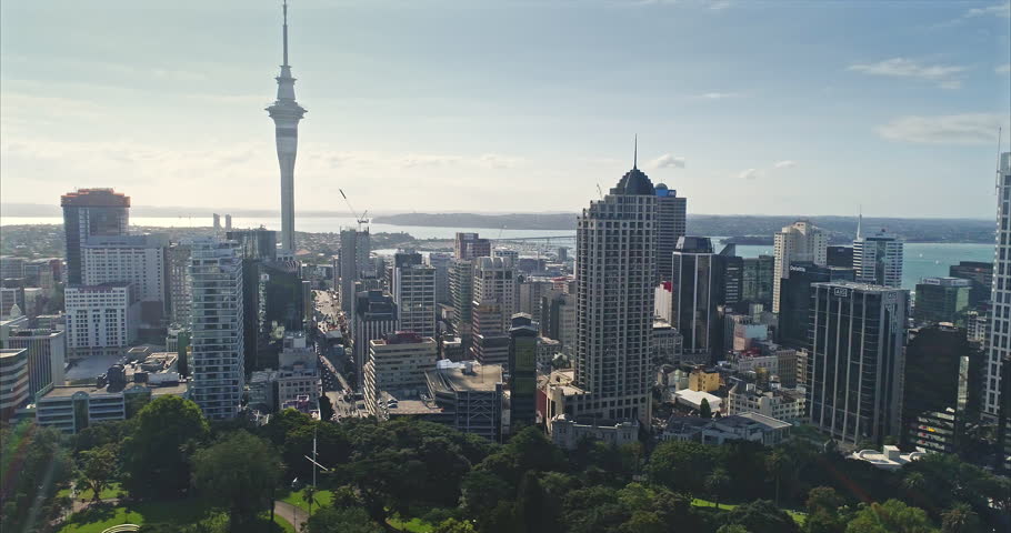 Aerial view of Auckland city skyline and skytower, New Zealand