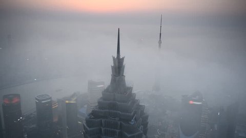 Aerial View of Shanghai Skyline, China, Huangpu River, Skyscrapers, Blurred Logo