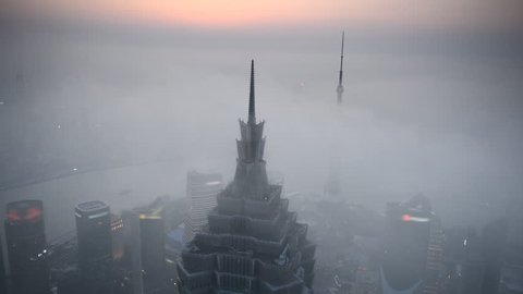 Aerial View of Shanghai Skyline, China, Huangpu River, Skyscrapers, Blurred Logo, time lapse