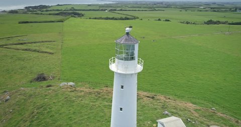 AERIAL: Cape Egmont lighthouse and farmland Mt Taranaki / Mt Egmont, New Zealand