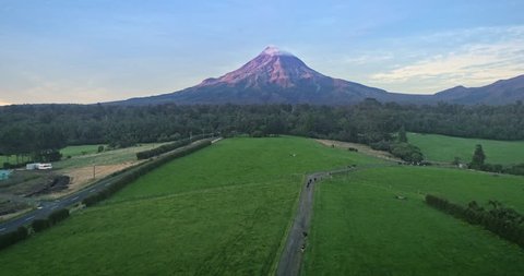 AERIAL: flying over native forest and farmland with cattle on Mt Taranaki / Mt Egmont at sunrise in, New Zealand