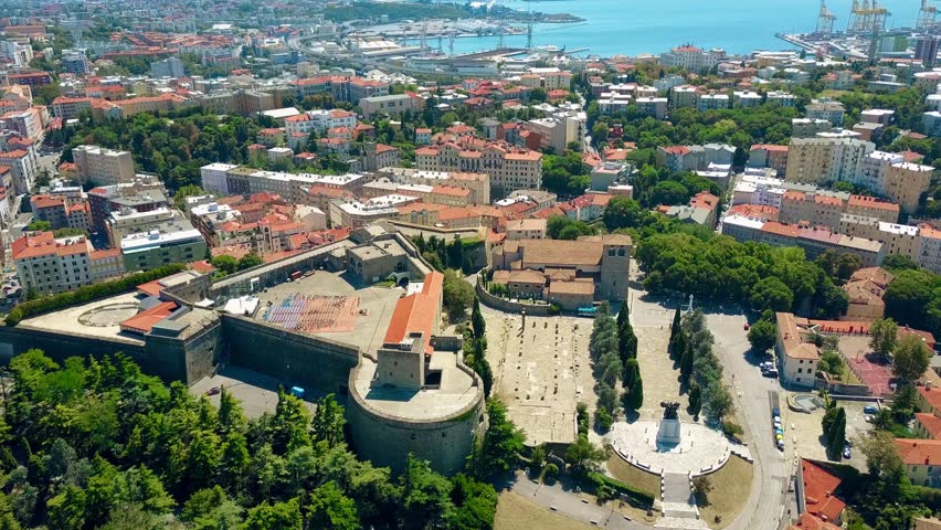 Aerial view of the city of Trieste and the seaport, Italy