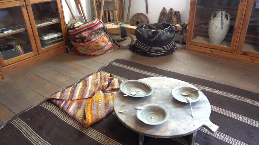 Kas, Antalya, Turkey - 18th of May, 2017: 4K In the Kas museum of ethnography - Turkish household items as exhibit in museum of ethnography
