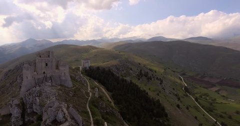 Aerial, Rocca Calascio, an ancient mountaintop fortress in Abruzzo, Italy, 4K