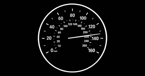 Speedometer going to max speed through the gears and limiting at 160mph - black and white.