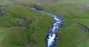 Iceland Aerial drone video of waterfall Seljalandsfoss in Icelandic nature. Famous tourist attractions and landmarks destinations in Icelandic nature landscape in South Iceland.