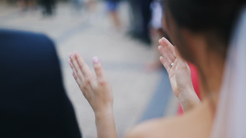 Close up view young woman hands applauding clap clapping horizontal blurred background wedding party corporate conference meeting closeup slowmotion back applause applauding applaud cheers claps bride | Shutterstock HD Video #29726668