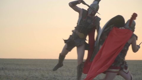 Beautiful attack in a jump performed by a Roman legionary, slow motion