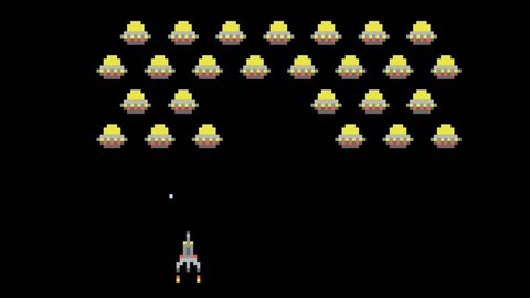 Space Arcade Space Video Game Animation Concept. Pixel Art Style Ufos and Spaceship Cartoon Style Motion Design Animated Footage. 4K
