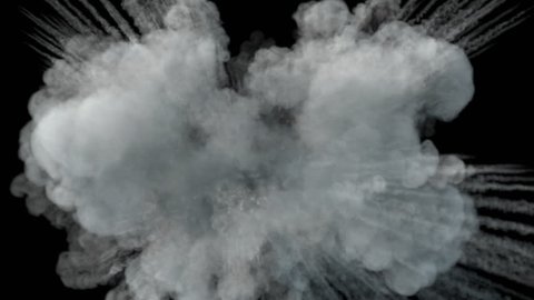 Middle size smoke explosion with trails on camera. Smoke density - low. Separated on pure black background, contains alpha channel.