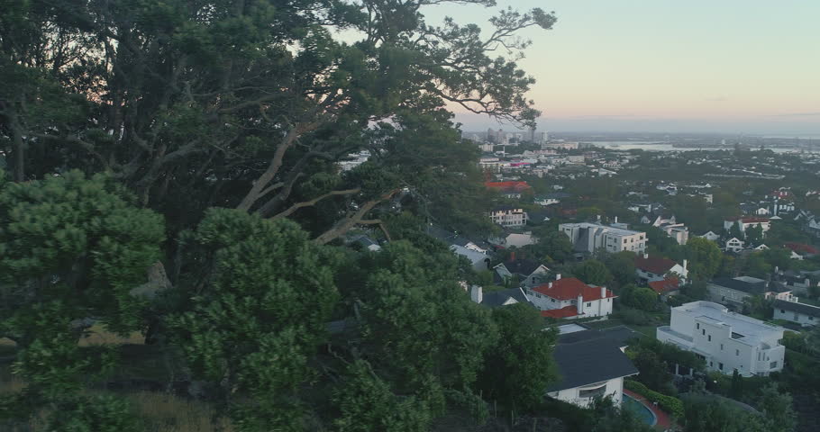 Aerial of Auckland suburb of Newmarket and city skyline, Auckland, New Zealand